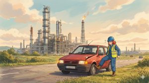 Cartoon showing Fiat Uno, Helen Dawson in PPE kicking the tyre. And an oil refinery in the background.